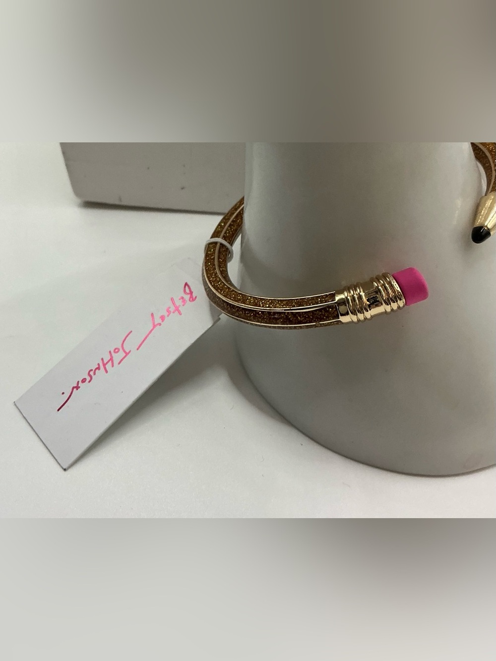 BETSEY JOHNSON GOLD PENCIL PINK ERASER HINGED CUFF BRACELET NWT - Picture 2 of 4